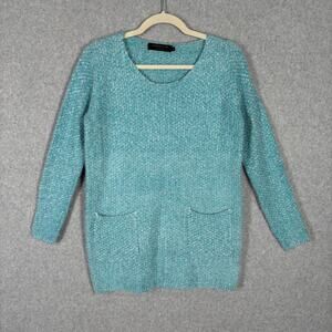 Angel Eye Sweater Small Blue Waffle Tunic Pocket Smock Fuzzy‎ Career Lounge Long